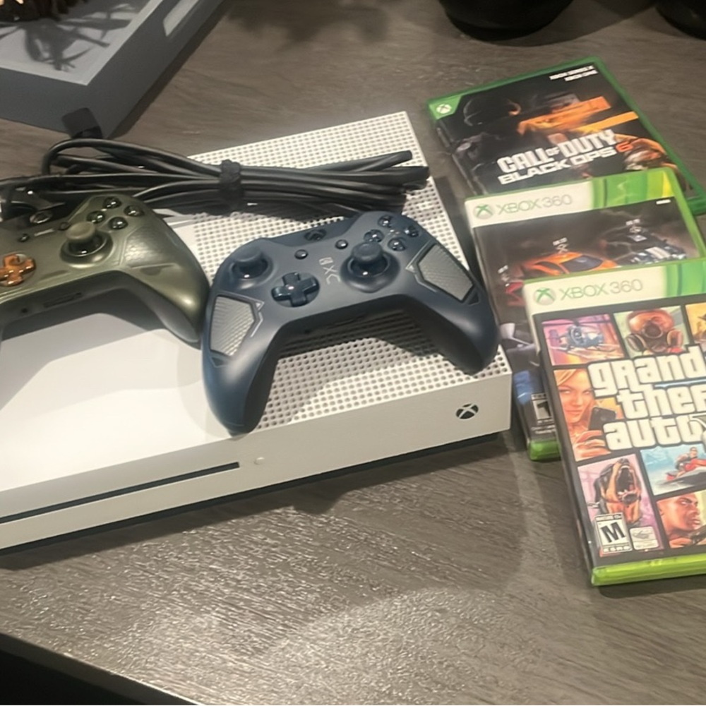 White Xbox One S Console with Controller and Game Cases